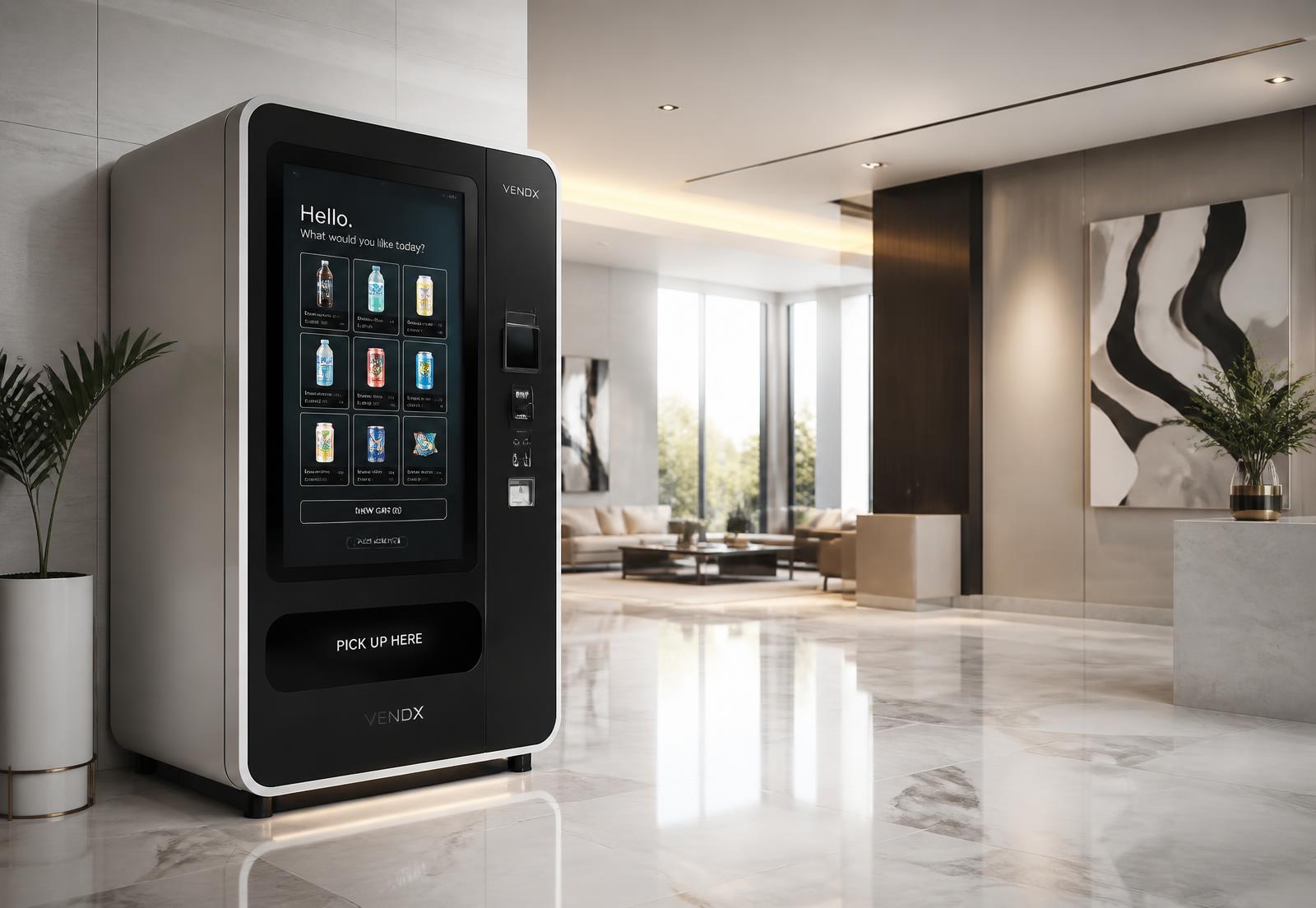 Smart AI vending machine with a touchscreen in an upscale apartment lobby