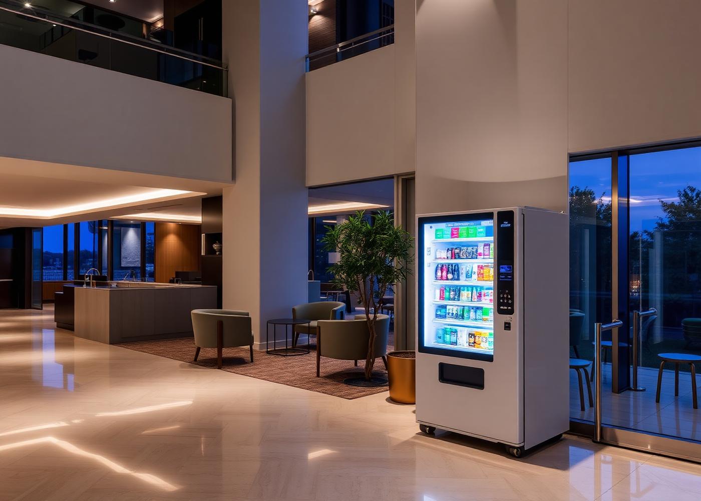 Illuminated smart vending kiosk in a modern hotel lobby lounge